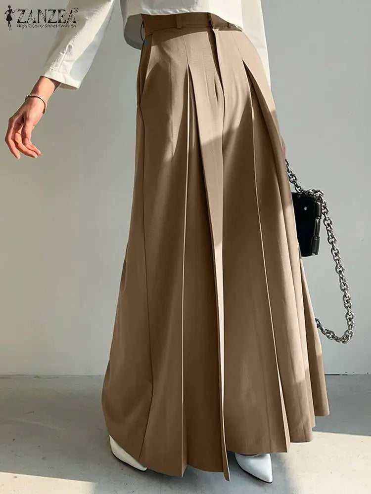 ZANZEA Elegant Long Pants Women Fashion High Waist Wide Leg Trousers Solid Vintage Loose Pleated Pantalon Female Work Palazzo