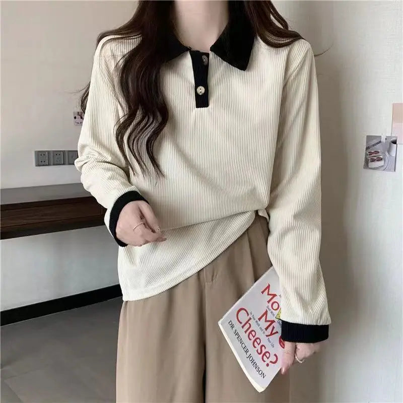 Casual Women T-shirts Korean Fashion Sweet Preppy Style Tops Female Autumn Long Sleeve Turn Down Collar Basic Pullovers Tees