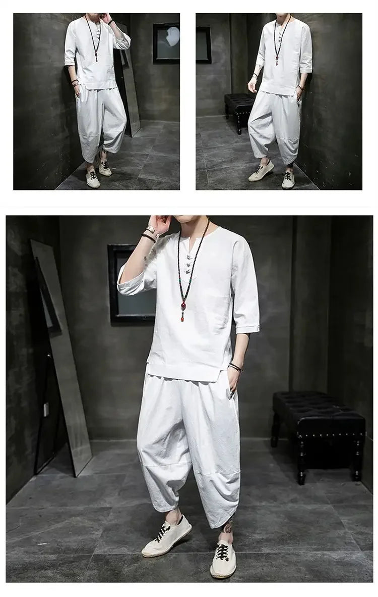 Men's Linen T-shirt Suit Chinese Style