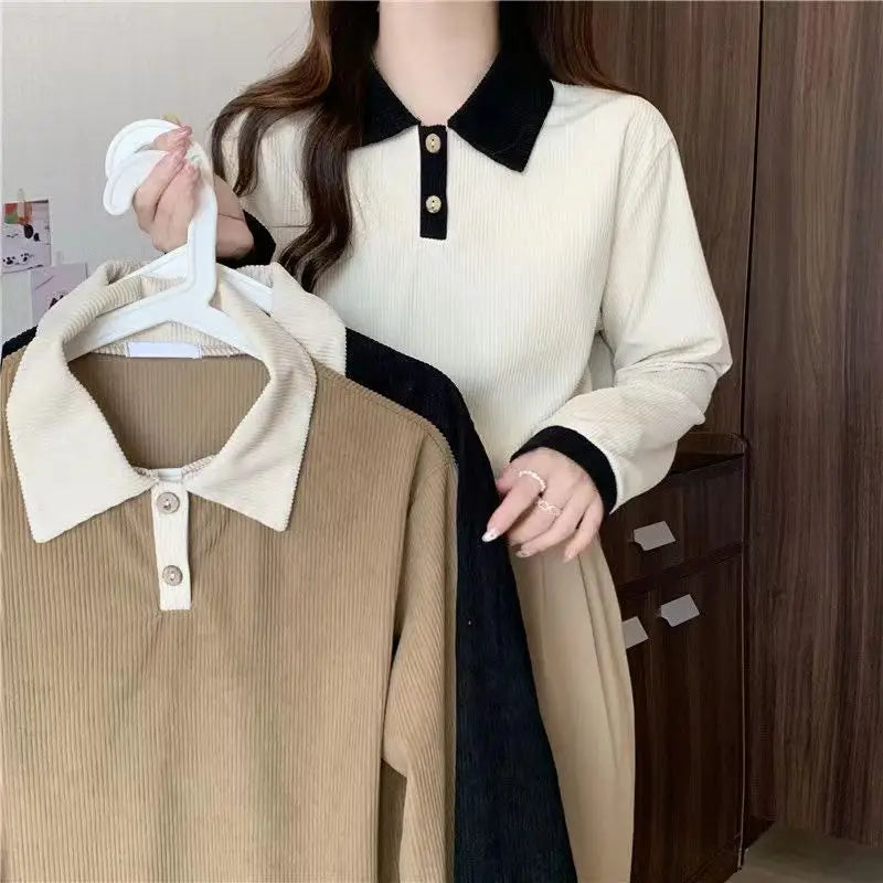 Casual Women T-shirts Korean Fashion Sweet Preppy Style Tops Female Autumn Long Sleeve Turn Down Collar Basic Pullovers Tees