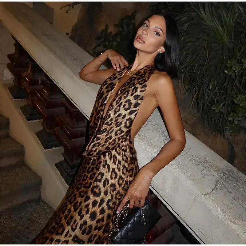 Sexy Backless Leopard Printed Hang-neck Dress