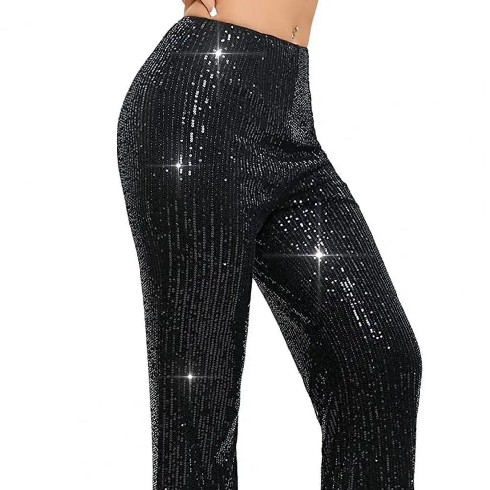 Flared Pants Sequin High Waist Flared Trousers for Women Glitter Night Out Pants Sparkling Clubwear Slacks Wide Leg Bling Party