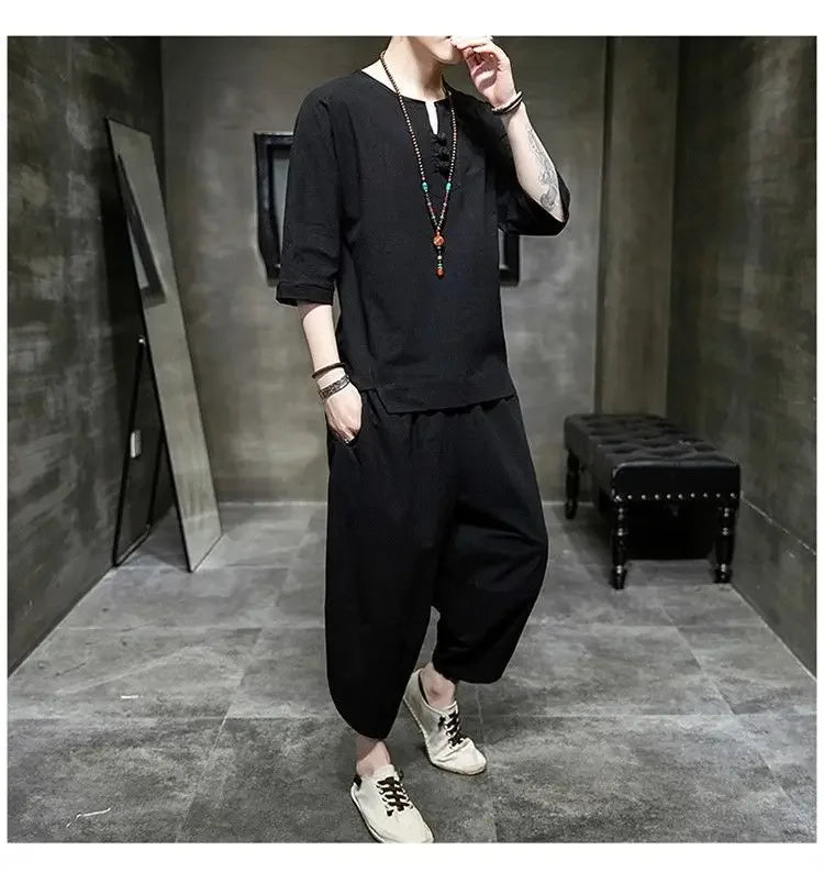 Men's Linen T-shirt Suit Chinese Style