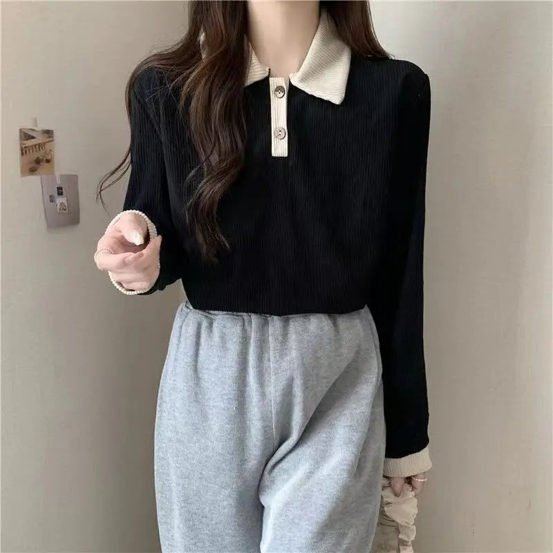 Casual Women T-shirts Korean Fashion Sweet Preppy Style Tops Female Autumn Long Sleeve Turn Down Collar Basic Pullovers Tees