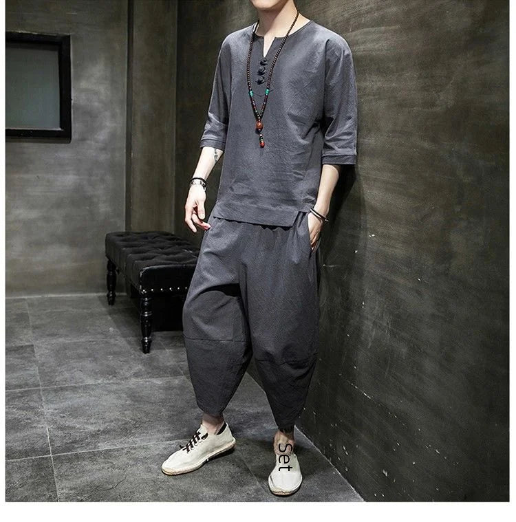 Men's Linen T-shirt Suit Chinese Style