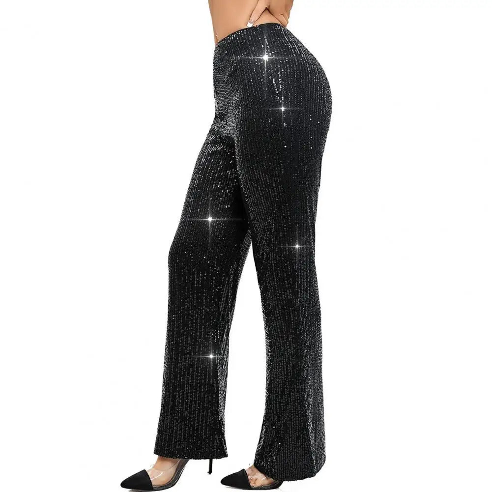 Flared Pants Sequin High Waist Flared Trousers for Women Glitter Night Out Pants Sparkling Clubwear Slacks Wide Leg Bling Party