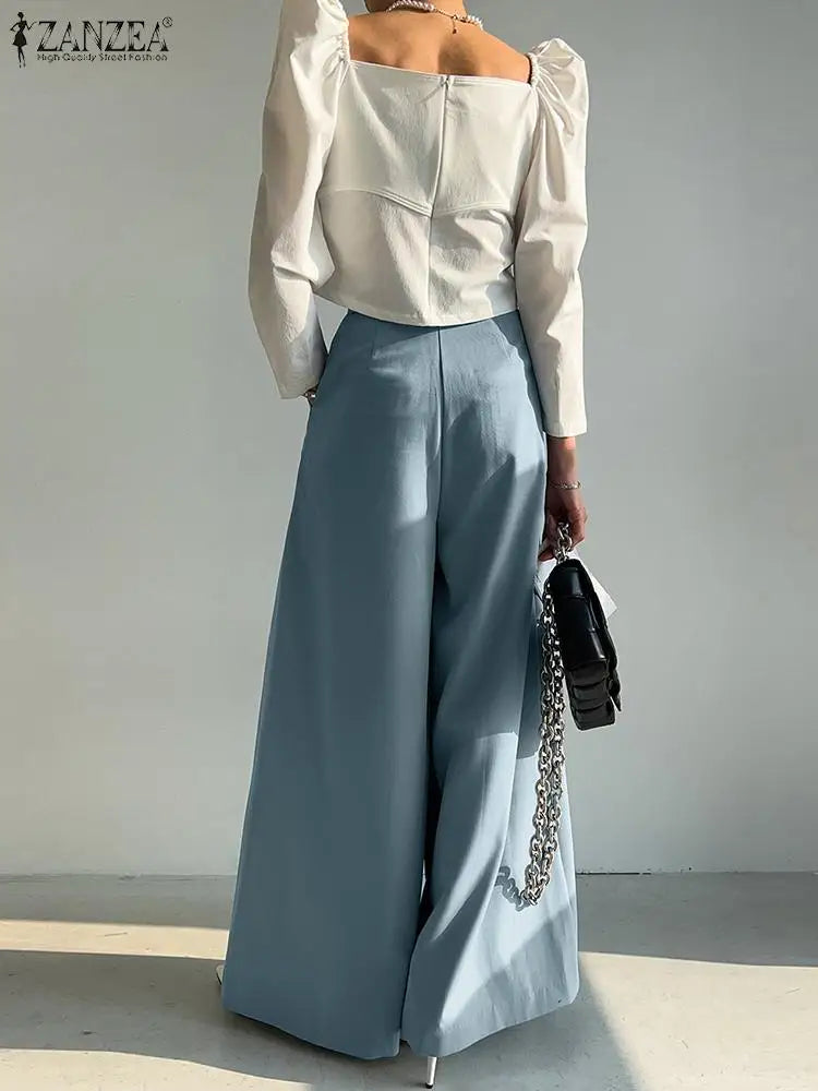 ZANZEA Elegant Long Pants Women Fashion High Waist Wide Leg Trousers Solid Vintage Loose Pleated Pantalon Female Work Palazzo