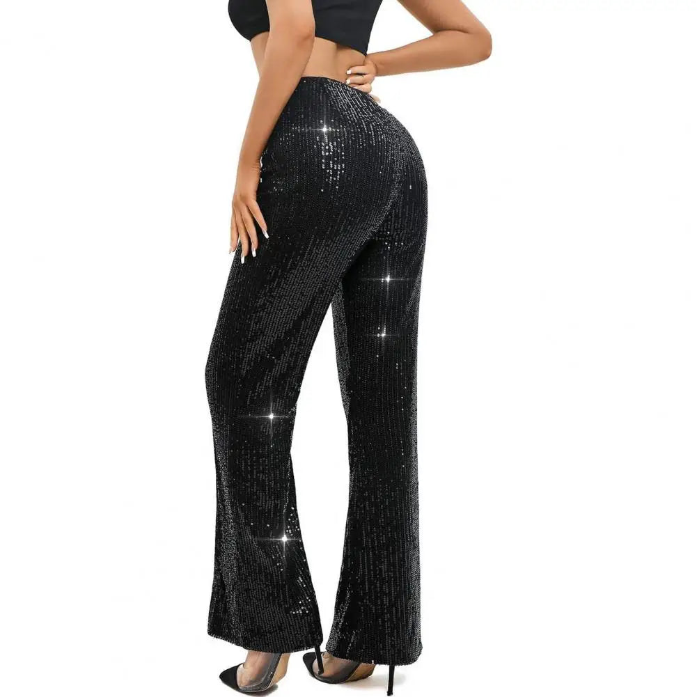 Flared Pants Sequin High Waist Flared Trousers for Women Glitter Night Out Pants Sparkling Clubwear Slacks Wide Leg Bling Party