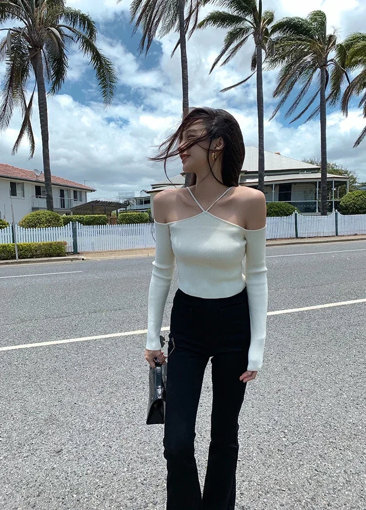 Women Crop Sweater Sexy Off The Shoulder Slim Knitted Sweater