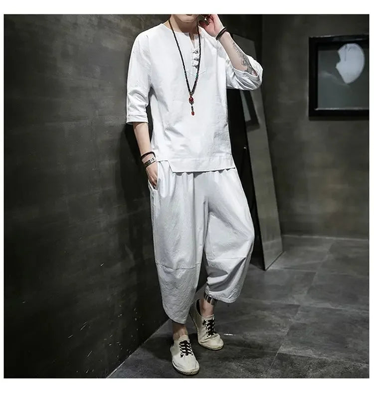 Men's Linen T-shirt Suit Chinese Style