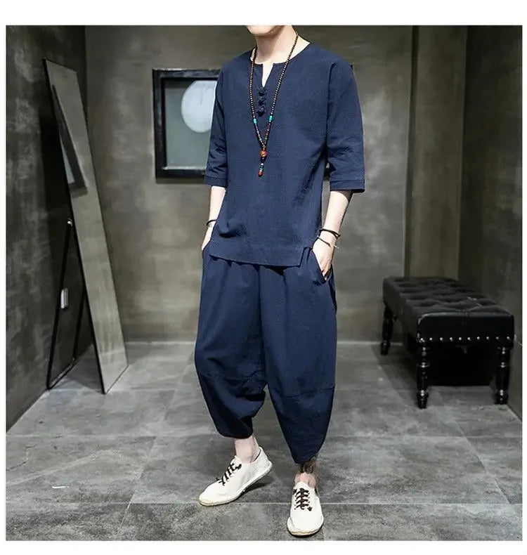 Men's Linen T-shirt Suit Chinese Style