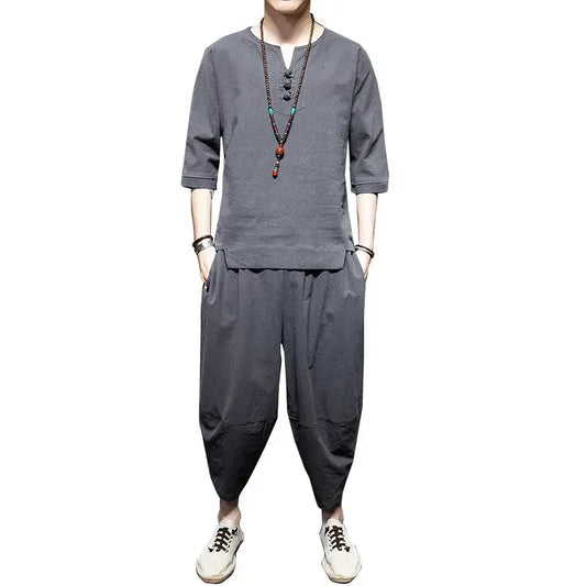 Men's Linen T-shirt Suit Chinese Style