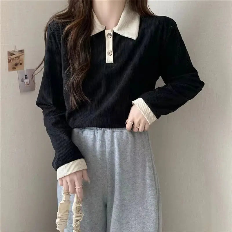 Casual Women T-shirts Korean Fashion Sweet Preppy Style Tops Female Autumn Long Sleeve Turn Down Collar Basic Pullovers Tees