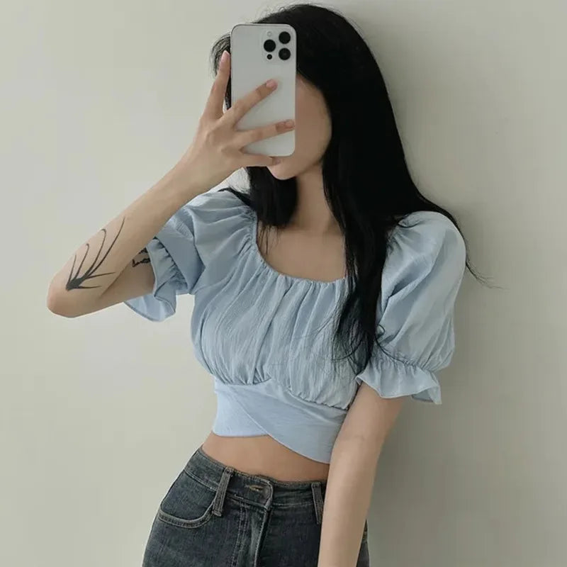 2024 Summer Lace Up Backless Top Elegant Youth Woman Tshirt Chic Korea Fashion Short Sleeve Tee Shirt Low Cut Sexy Solid T-shirt