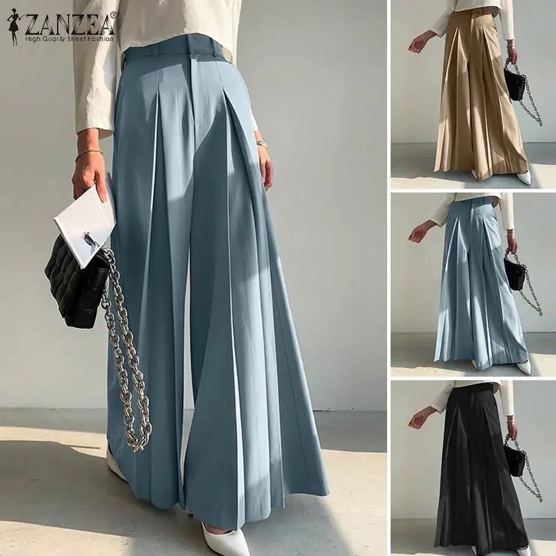 ZANZEA Elegant Long Pants Women Fashion High Waist Wide Leg Trousers Solid Vintage Loose Pleated Pantalon Female Work Palazzo