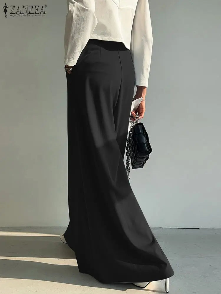 ZANZEA Elegant Long Pants Women Fashion High Waist Wide Leg Trousers Solid Vintage Loose Pleated Pantalon Female Work Palazzo