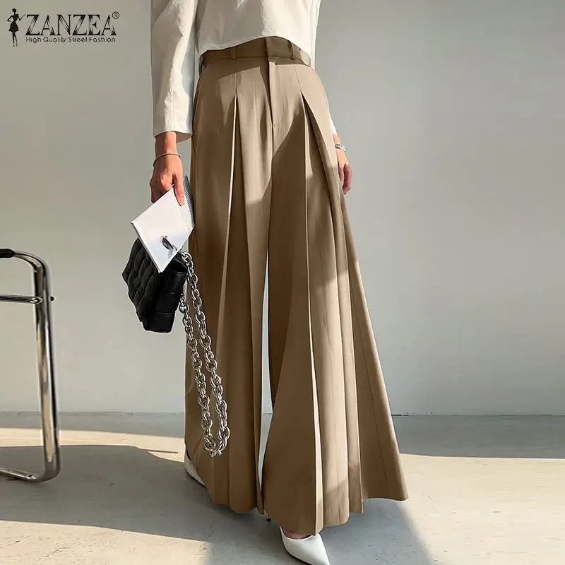 ZANZEA Elegant Long Pants Women Fashion High Waist Wide Leg Trousers Solid Vintage Loose Pleated Pantalon Female Work Palazzo