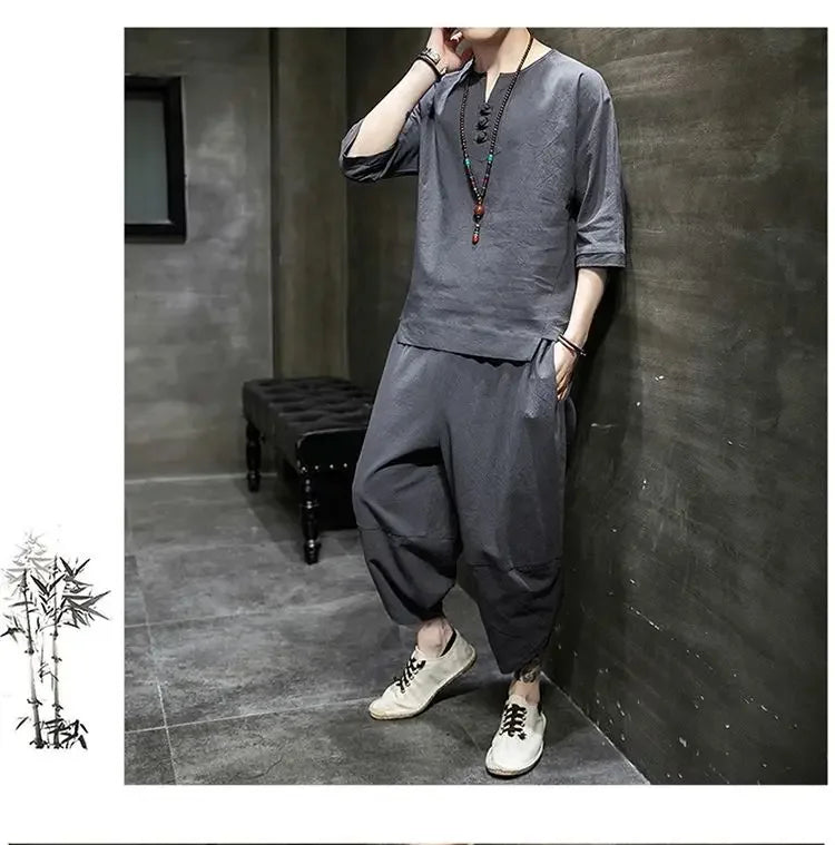 Men's Linen T-shirt Suit Chinese Style