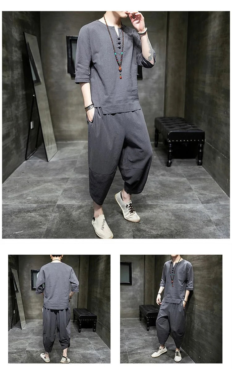 Men's Linen T-shirt Suit Chinese Style