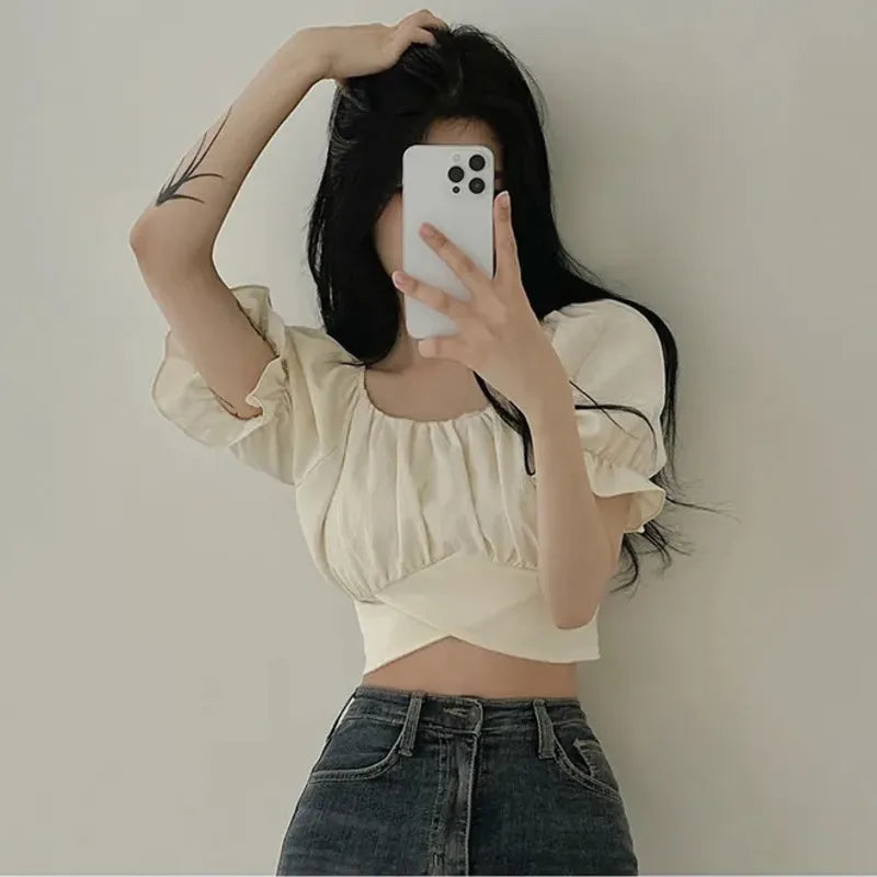 2024 Summer Lace Up Backless Top Elegant Youth Woman Tshirt Chic Korea Fashion Short Sleeve Tee Shirt Low Cut Sexy Solid T-shirt