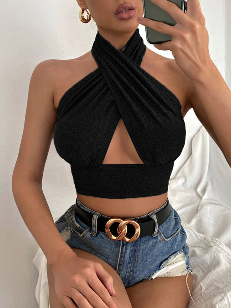 Women Summer Tank Tops Sexy Solid Color Cross Halter Neck Push Up Hollow Crop Tops High Street Wear 2024 New Fashion