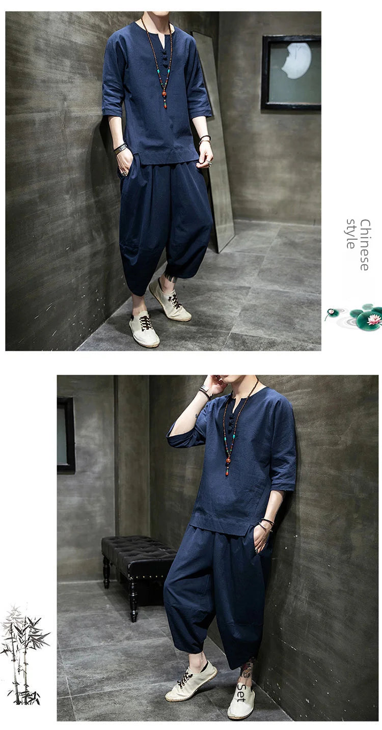 Men's Linen T-shirt Suit Chinese Style