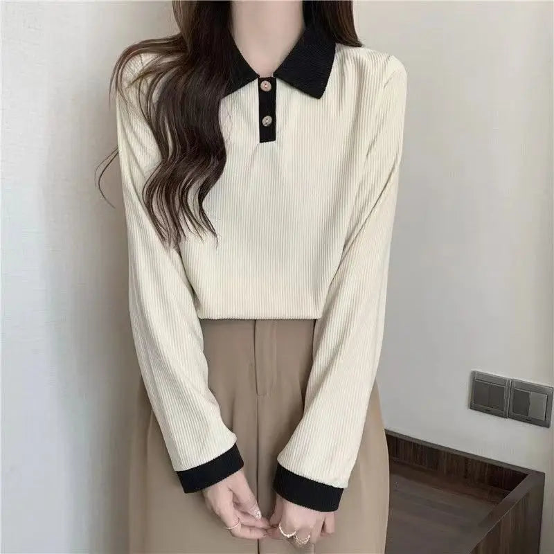 Casual Women T-shirts Korean Fashion Sweet Preppy Style Tops Female Autumn Long Sleeve Turn Down Collar Basic Pullovers Tees