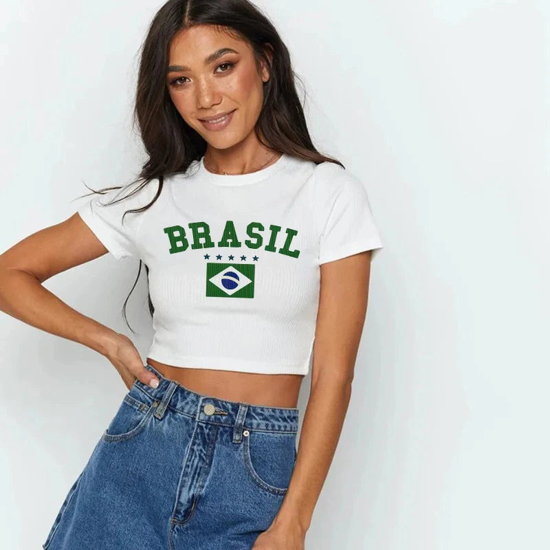 Hip-hop Harajuku Grunge Brazil USA National Flag Text Print T-shirt Streetwear Y2k Crop Tops Summer Cozy Sexy Women Camisole