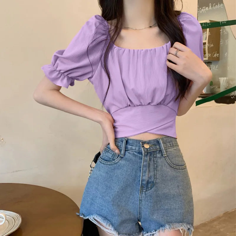 2024 Summer Lace Up Backless Top Elegant Youth Woman Tshirt Chic Korea Fashion Short Sleeve Tee Shirt Low Cut Sexy Solid T-shirt