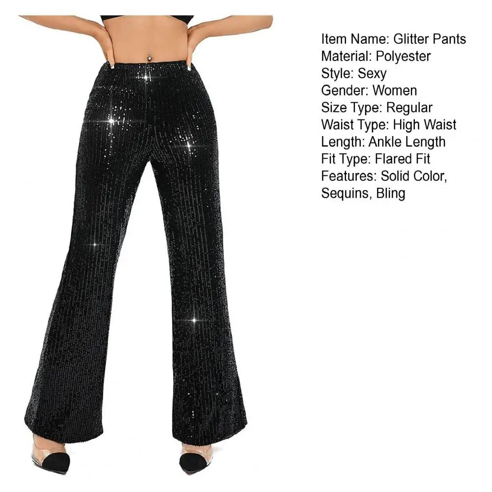 Flared Pants Sequin High Waist Flared Trousers for Women Glitter Night Out Pants Sparkling Clubwear Slacks Wide Leg Bling Party