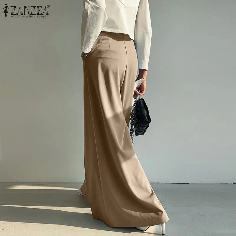 ZANZEA Elegant Long Pants Women Fashion High Waist Wide Leg Trousers Solid Vintage Loose Pleated Pantalon Female Work Palazzo