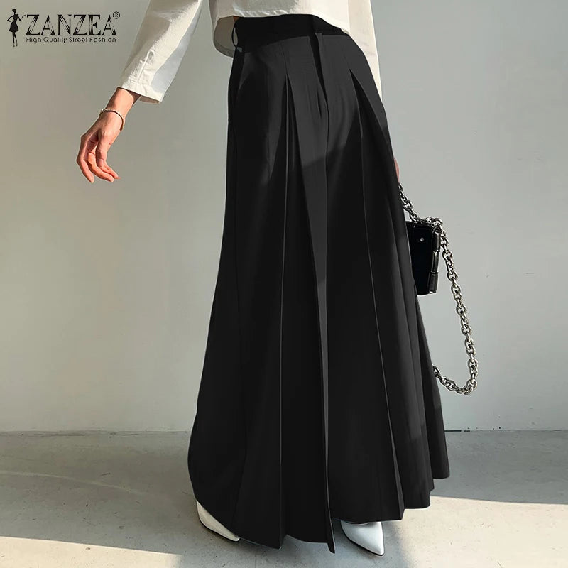 ZANZEA Elegant Long Pants Women Fashion High Waist Wide Leg Trousers Solid Vintage Loose Pleated Pantalon Female Work Palazzo