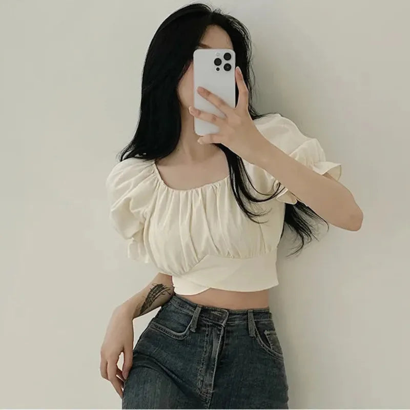 2024 Summer Lace Up Backless Top Elegant Youth Woman Tshirt Chic Korea Fashion Short Sleeve Tee Shirt Low Cut Sexy Solid T-shirt