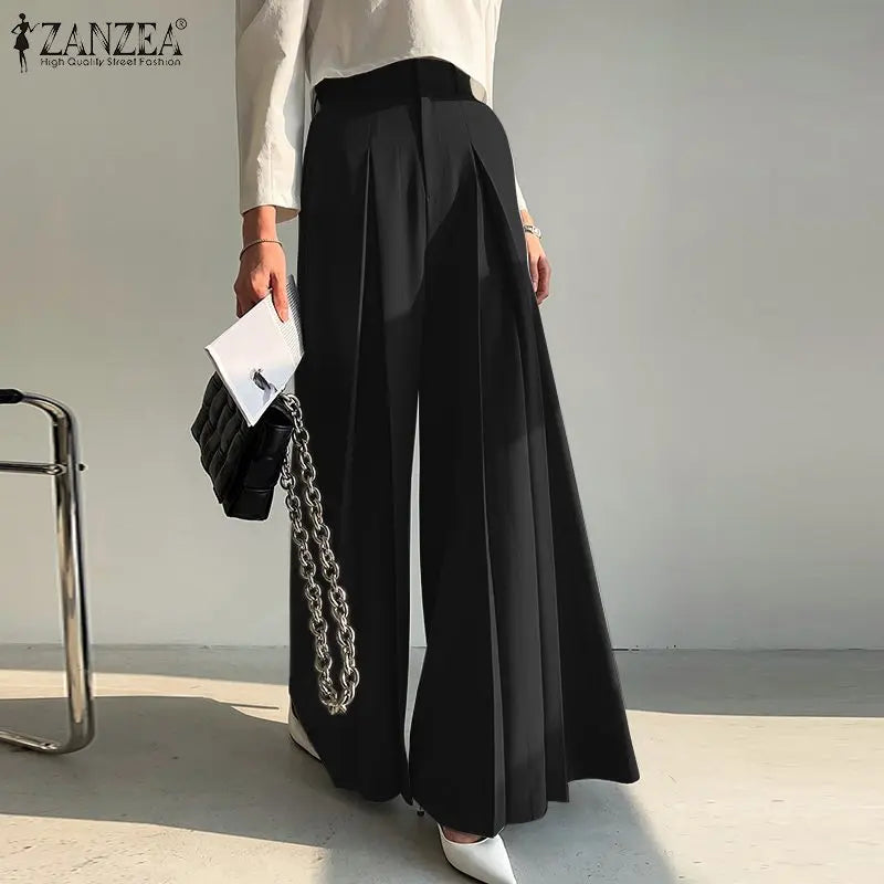 ZANZEA Elegant Long Pants Women Fashion High Waist Wide Leg Trousers Solid Vintage Loose Pleated Pantalon Female Work Palazzo