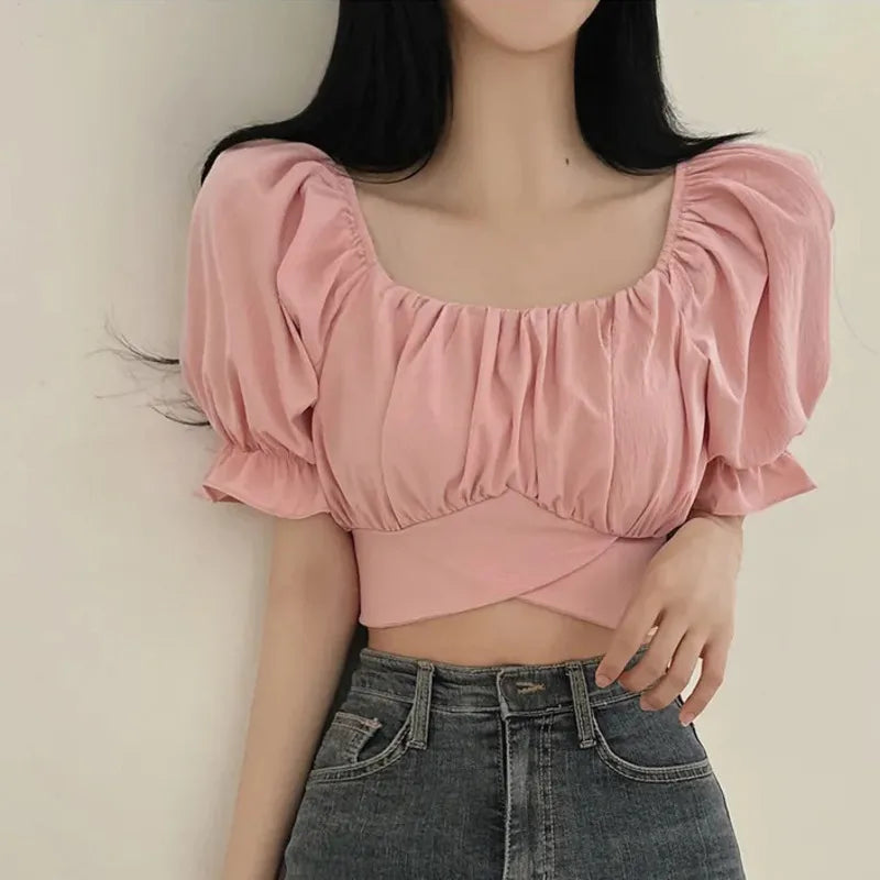 2024 Summer Lace Up Backless Top Elegant Youth Woman Tshirt Chic Korea Fashion Short Sleeve Tee Shirt Low Cut Sexy Solid T-shirt