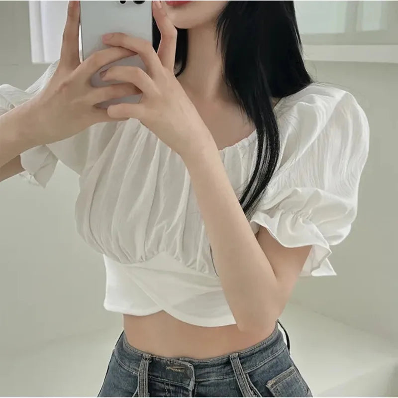 2024 Summer Lace Up Backless Top Elegant Youth Woman Tshirt Chic Korea Fashion Short Sleeve Tee Shirt Low Cut Sexy Solid T-shirt