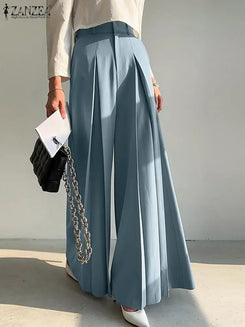 ZANZEA Elegant Long Pants Women Fashion High Waist Wide Leg Trousers Solid Vintage Loose Pleated Pantalon Female Work Palazzo