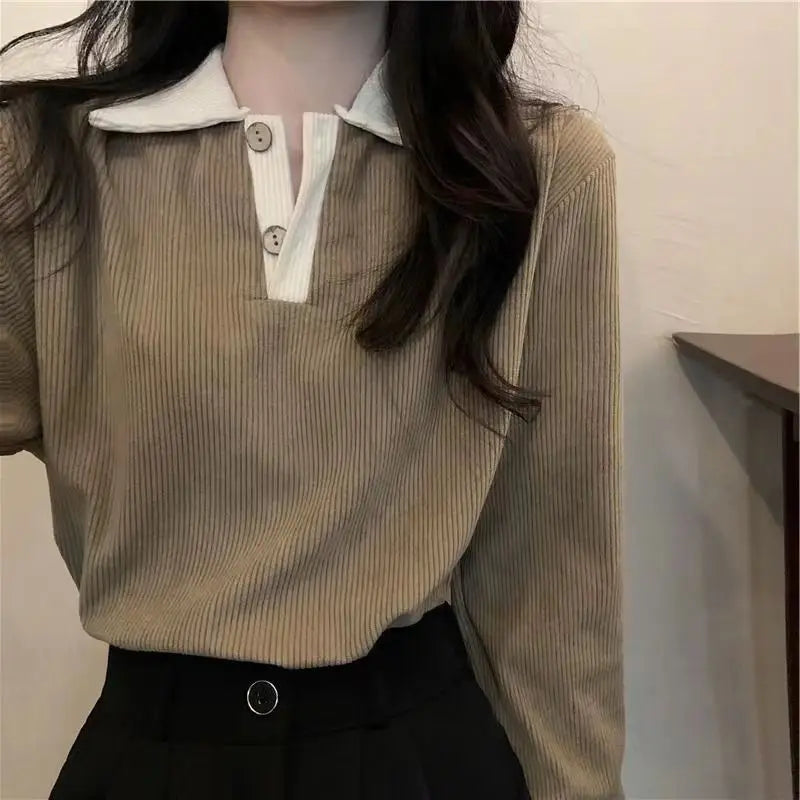 Casual Women T-shirts Korean Fashion Sweet Preppy Style Tops Female Autumn Long Sleeve Turn Down Collar Basic Pullovers Tees