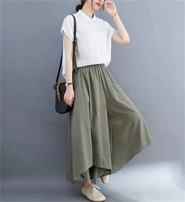 2023 Spring Summer New Plus Size Nine-Minute Pants Women Loose Fashion Pants Elastic Waist Wide Leg Pants Casual Pantskirt