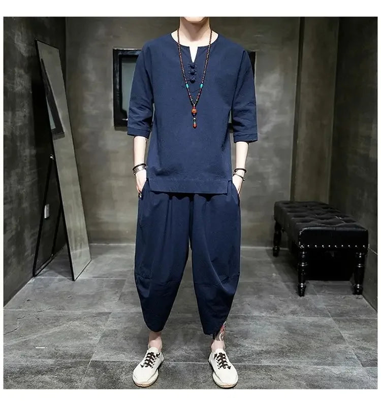 Men's Linen T-shirt Suit Chinese Style